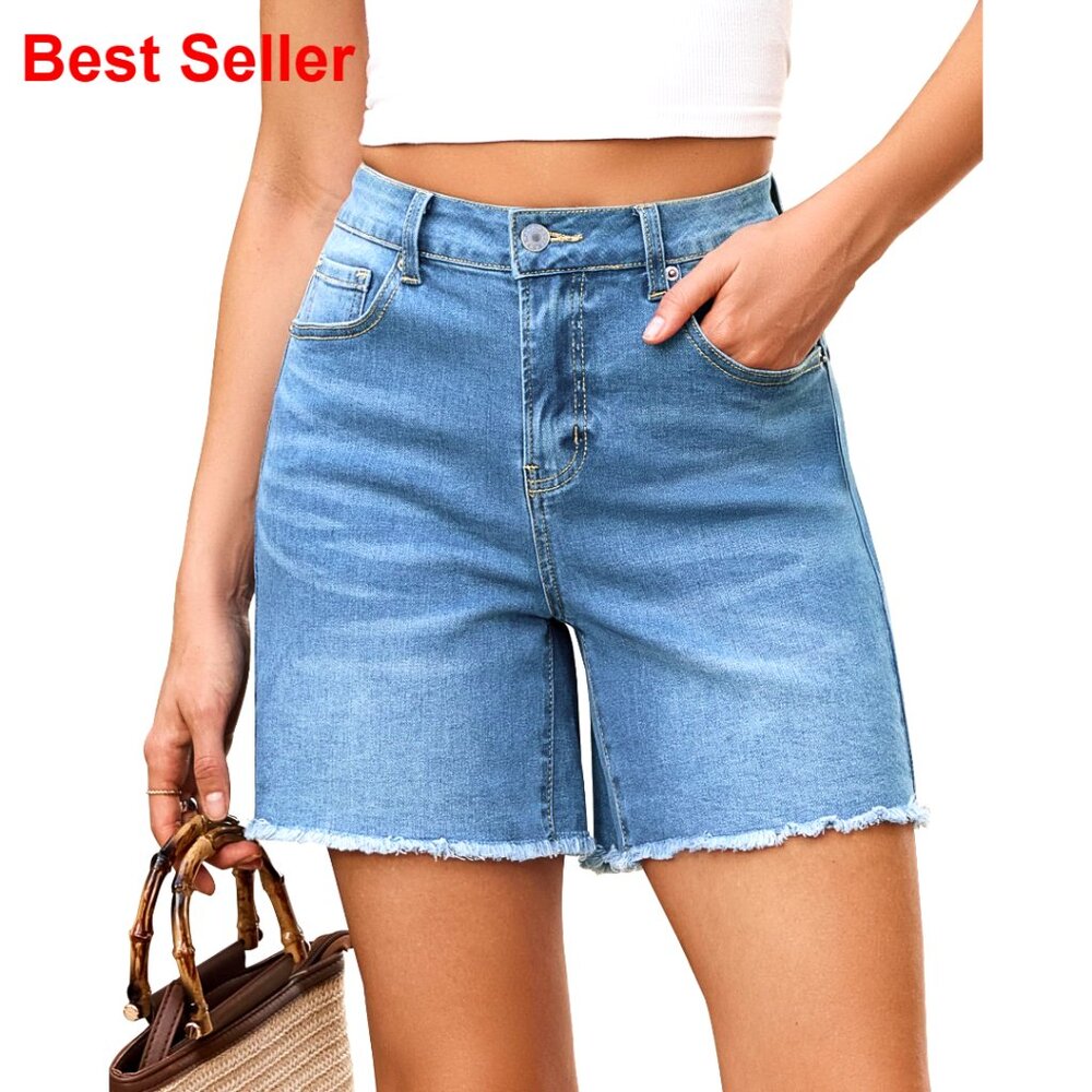 High Waisted Stretch Denim Shorts Raw Hem Mid Thigh Casual Summer